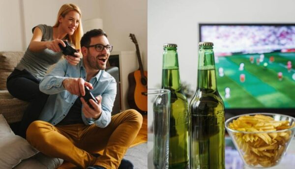 テレビゲームを楽しむカップルとサッカーゲームのテレビ画面