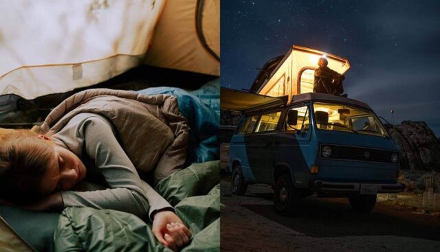 テントで寝る女性とキャンピングカーで夜空を見上げる女性
