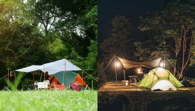 昼間と夜のキャンプ